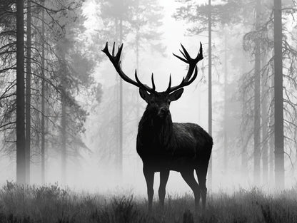 Œuvre du poster Cerf dans la Brume noir et blanc, vue complète et fidèle du dessin imprimé