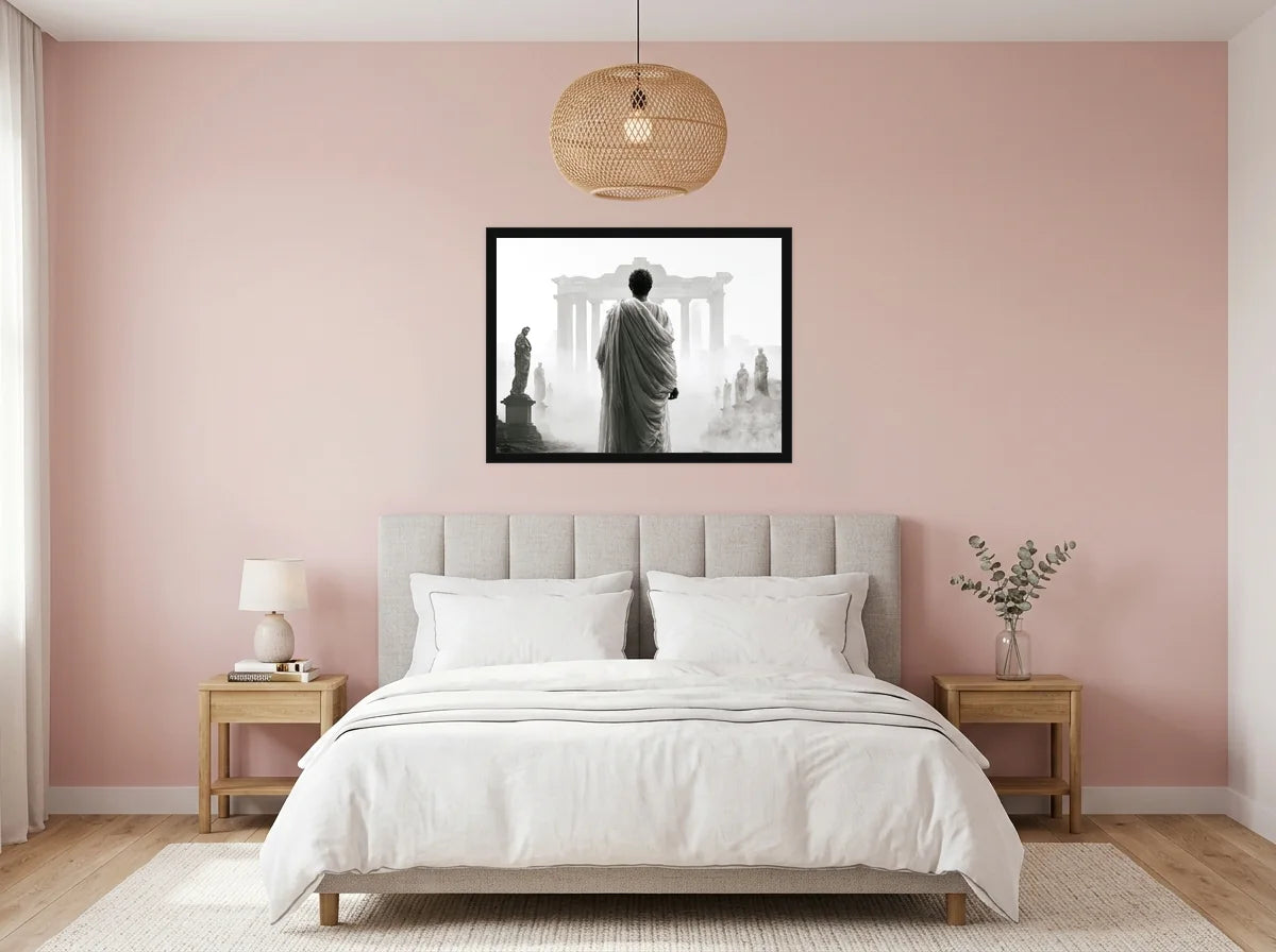 Poster César face au Forum noir et blanc encadré noir, présenté dans une chambre aux murs rose poudré