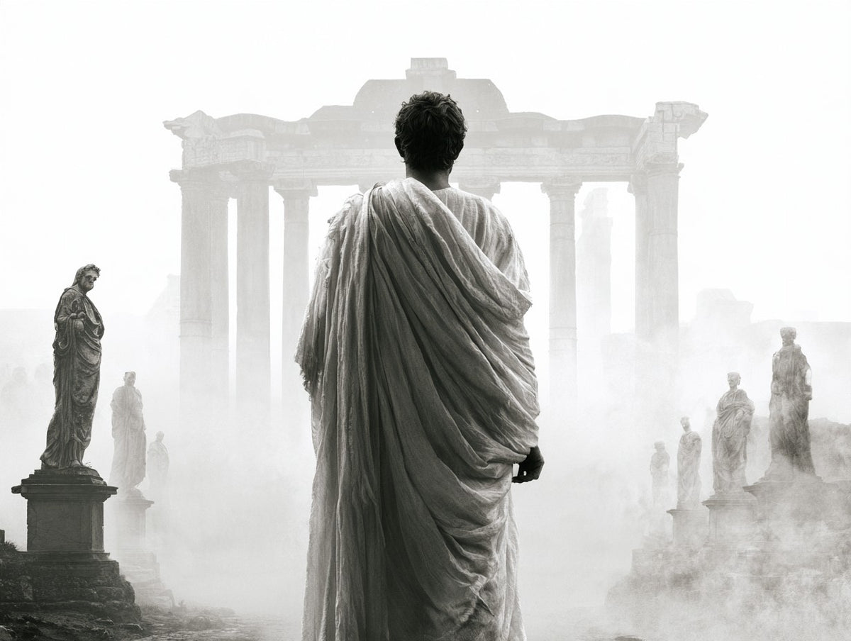 Illustration du poster César face au Forum noir et blanc, personnage en toge devant les colonnes