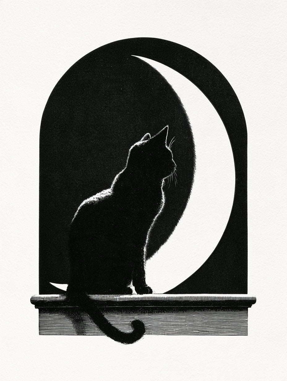 Illustration du poster chat noir sous la lune noir et blanc, vue fidèle de l’œuvre