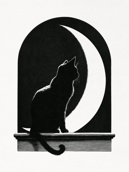Illustration du poster chat noir sous la lune noir et blanc, vue fidèle de l’œuvre