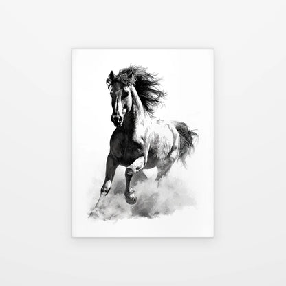 Visuel du poster cheval au galop frontal noir et blanc présenté seul sur fond blanc, aperçu de l’œuvre imprimée