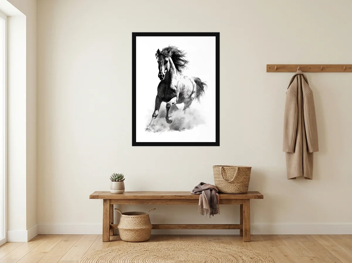 Poster cheval au galop frontal noir et blanc encadré noir, présenté dans un entrée crème avec banc en bois
