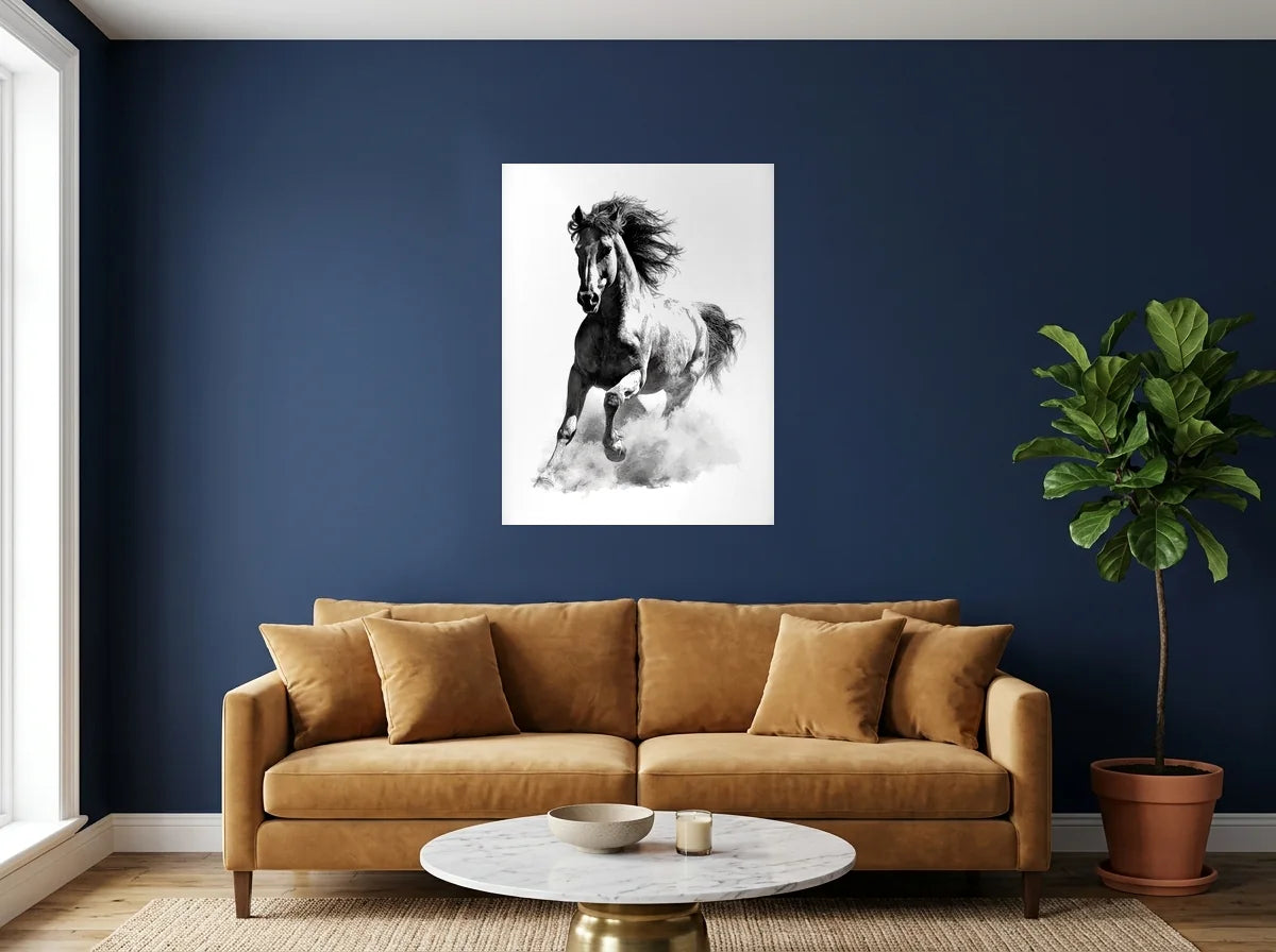 Poster cheval au galop frontal noir et blanc sans cadre, présenté dans un salon aux murs bleu nuit