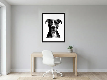 Poster chien au museau blanc noir et blanc encadré noir, présenté dans un bureau gris clair lumineux