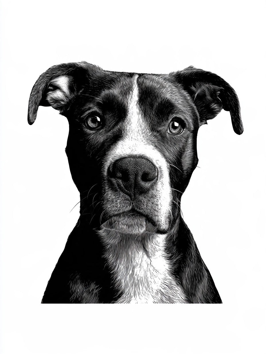 Œuvre complète du poster chien au museau blanc noir et blanc, vue fidèle du dessin