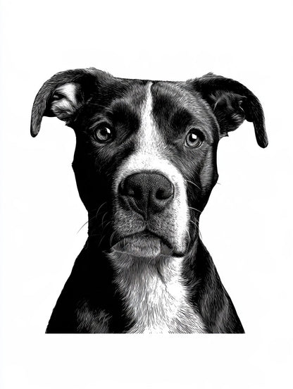 Œuvre complète du poster chien au museau blanc noir et blanc, vue fidèle du dessin