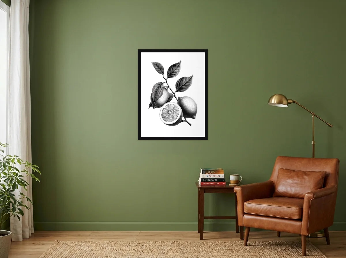 Poster citrons sur branche noir et blanc encadré noir, présenté dans un coin lecture aux murs vert olive