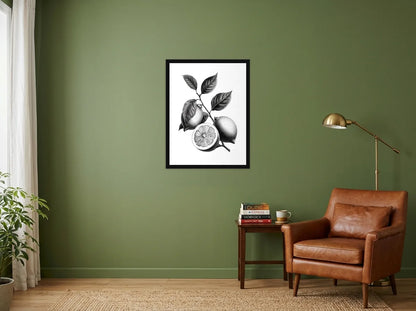 Poster citrons sur branche noir et blanc encadré noir, présenté dans un coin lecture aux murs vert olive