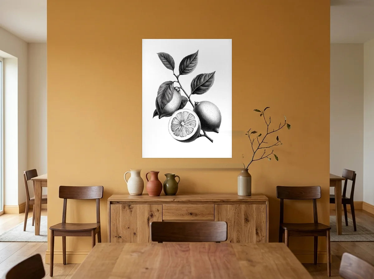 Poster citrons sur branche noir et blanc sans cadre, présenté dans une salle à manger aux murs ocre