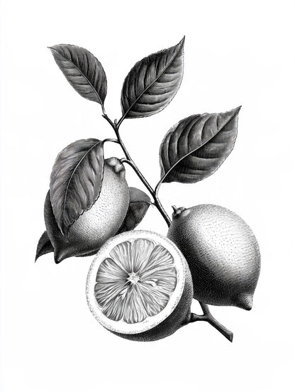 Illustration du poster citrons sur branche noir et blanc, vue fidèle de l’œuvre