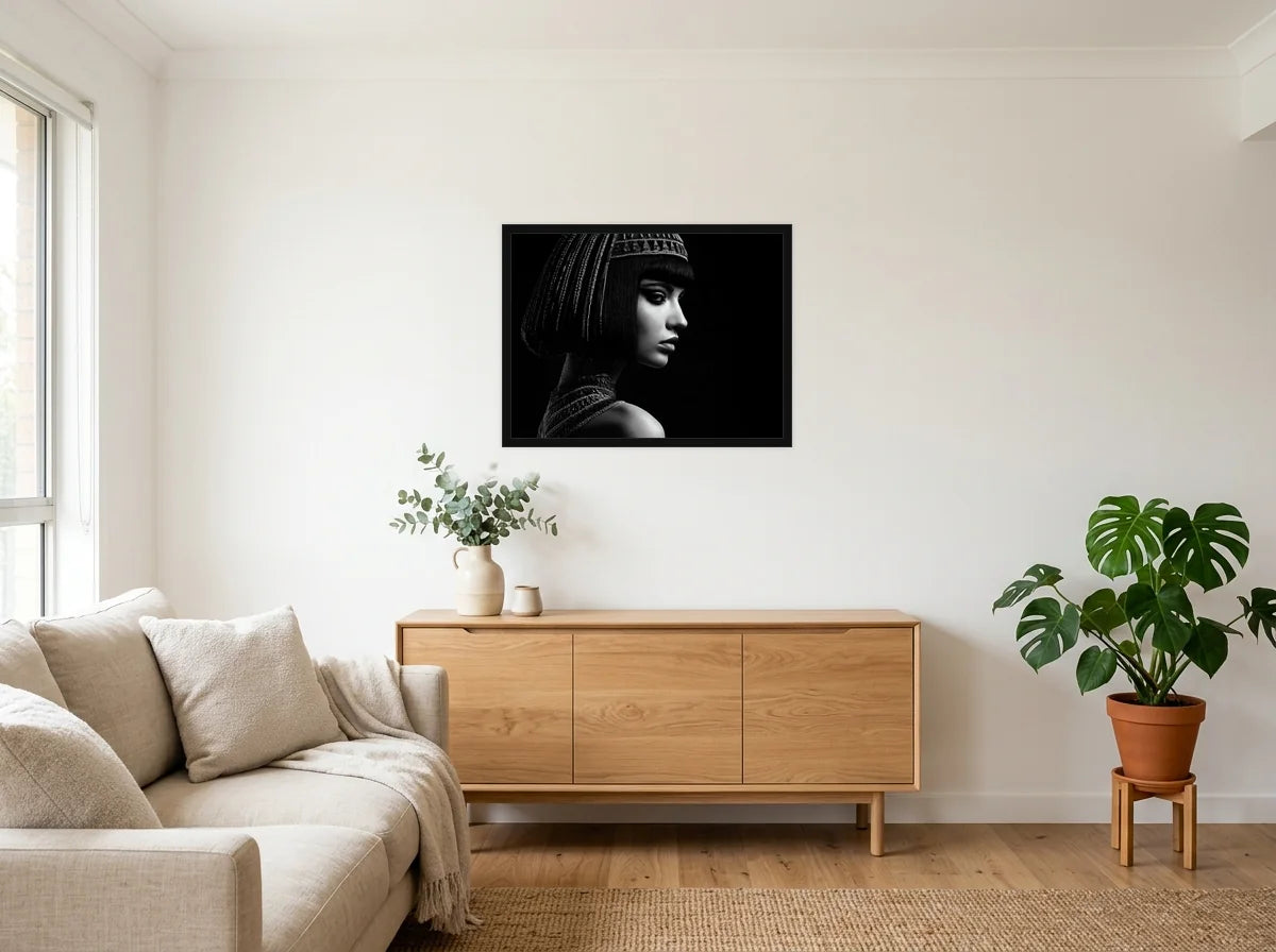 Poster Cléopâtre de Profil Sombre noir et blanc encadré noir, dans un salon blanc chaleureux et bois clair