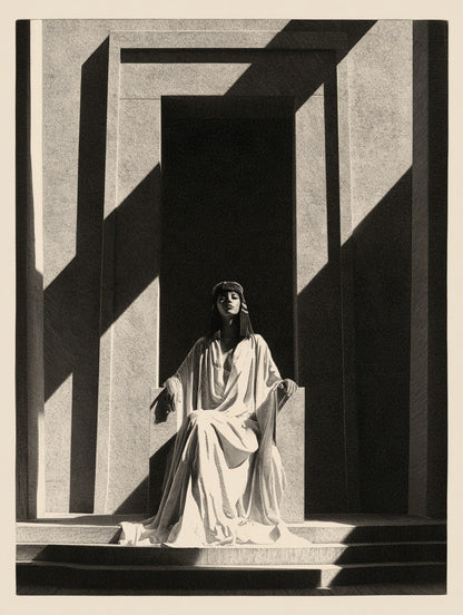 Illustration du poster cléopâtre sur son trône noir et blanc, vue fidèle de l’œuvre