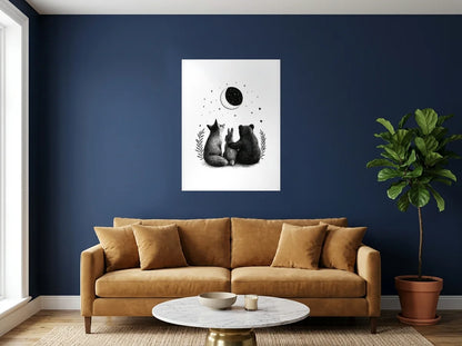 Poster Compagnons sous la Lune noir et blanc sans cadre, présenté dans un salon aux murs bleu nuit