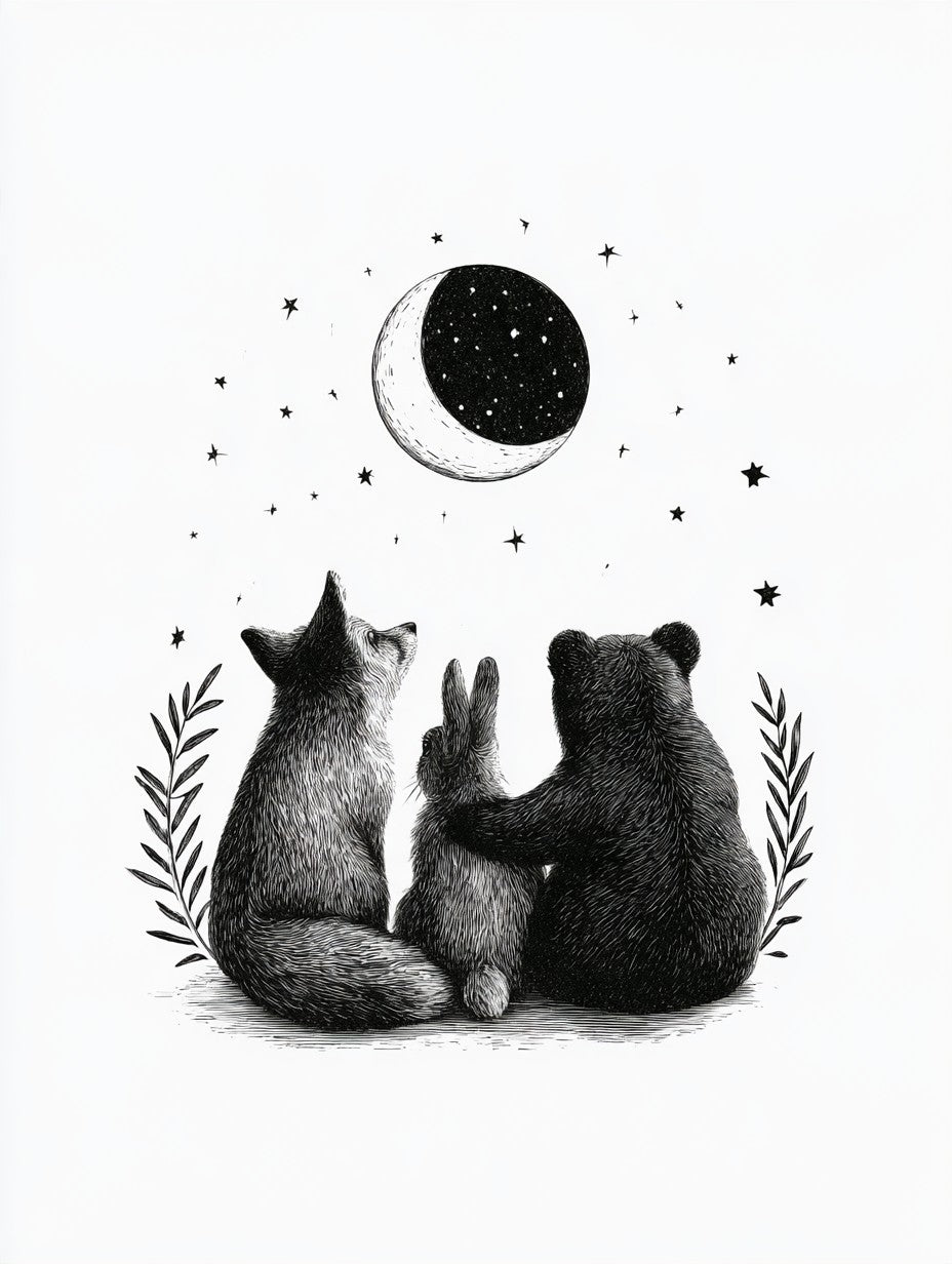 Œuvre complète du poster Compagnons sous la Lune noir et blanc, vue fidèle du visuel original