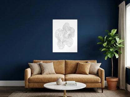 Poster courbes topographiques organiques noir et blanc sans cadre, présenté dans un intérieur coloré