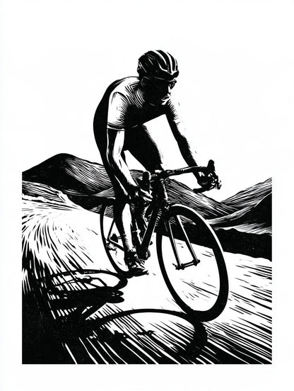 Œuvre complète du poster Cycliste en Ascension noir et blanc, vue fidèle du visuel original