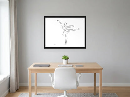 Poster danseuse en arabesque noir et blanc encadré noir, présenté dans un bureau gris clair lumineux