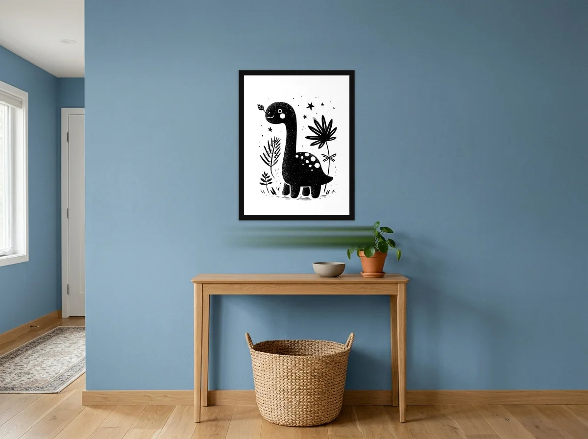 Poster dinosaure à long cou noir et blanc encadré noir, présenté dans une entrée aux murs bleu poudré