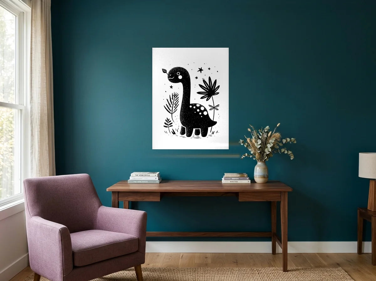 Poster dinosaure à long cou noir et blanc sans cadre, présenté dans un bureau aux murs bleu canard