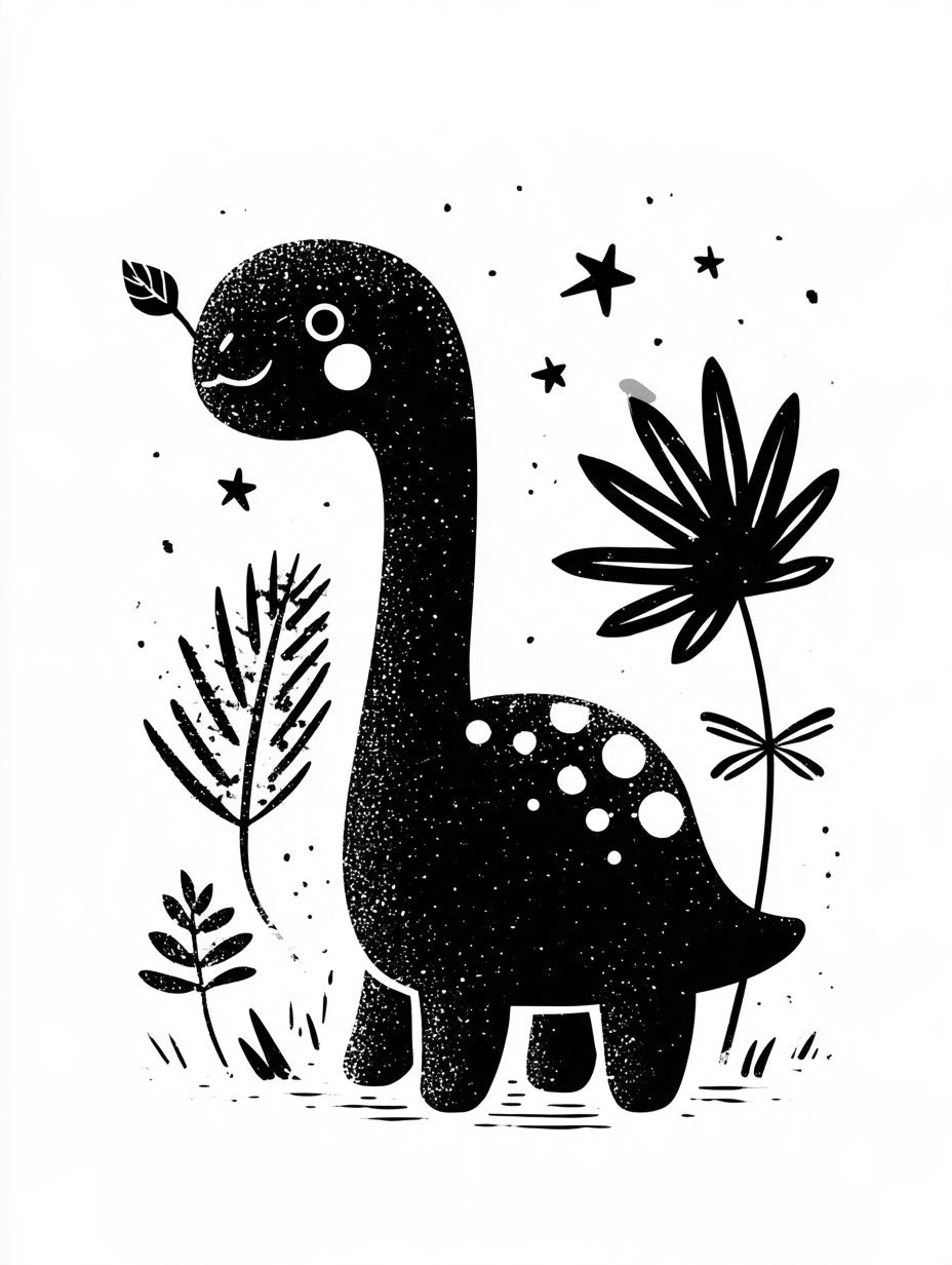Illustration du poster dinosaure à long cou noir et blanc, vue fidèle de l’œuvre