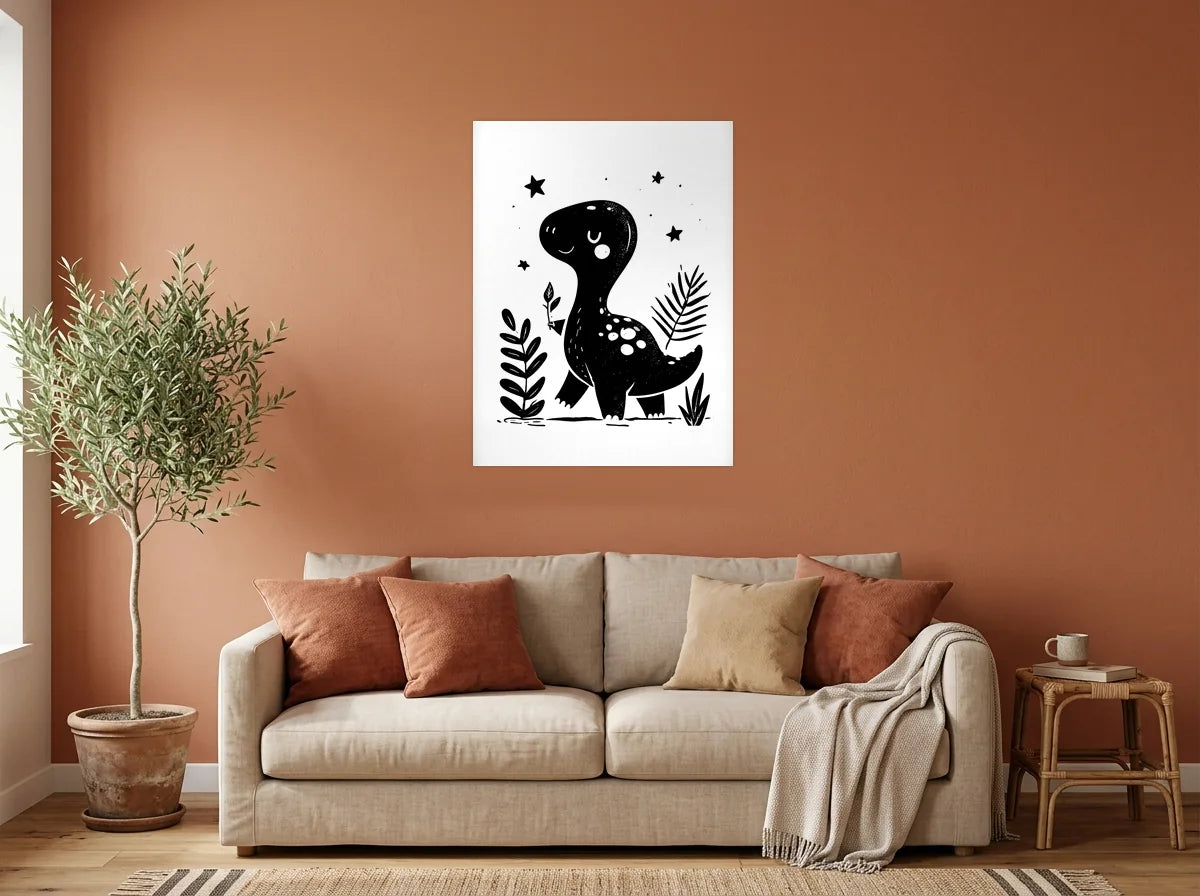 Poster dinosaure aux étoiles noir et blanc sans cadre, présenté dans un salon aux murs terracotta