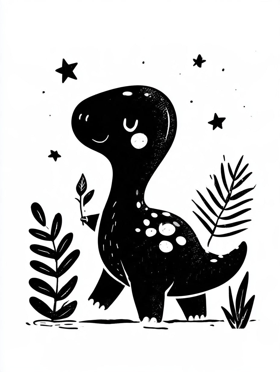 Illustration du poster dinosaure aux étoiles noir et blanc, vue fidèle de l’œuvre