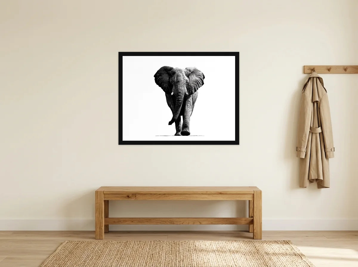 Poster éléphant gravure face noir et blanc encadré noir, présenté dans un intérieur lumineux