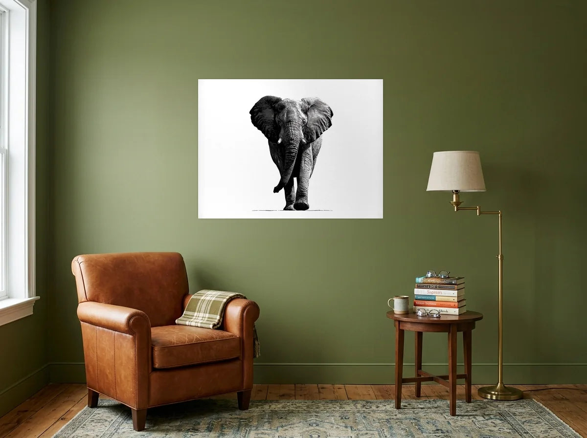Poster éléphant gravure face noir et blanc sans cadre, présenté dans un intérieur coloré