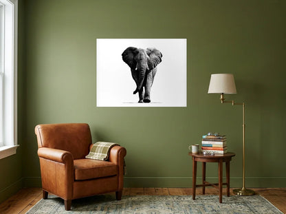 Poster éléphant gravure face noir et blanc sans cadre, présenté dans un intérieur coloré