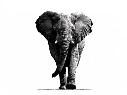 Œuvre complète du poster éléphant gravure face noir et blanc, vue fidèle du visuel