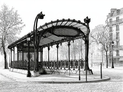 Illustration du poster entrée de métro parisienne noir et blanc, vue fidèle de l’œuvre