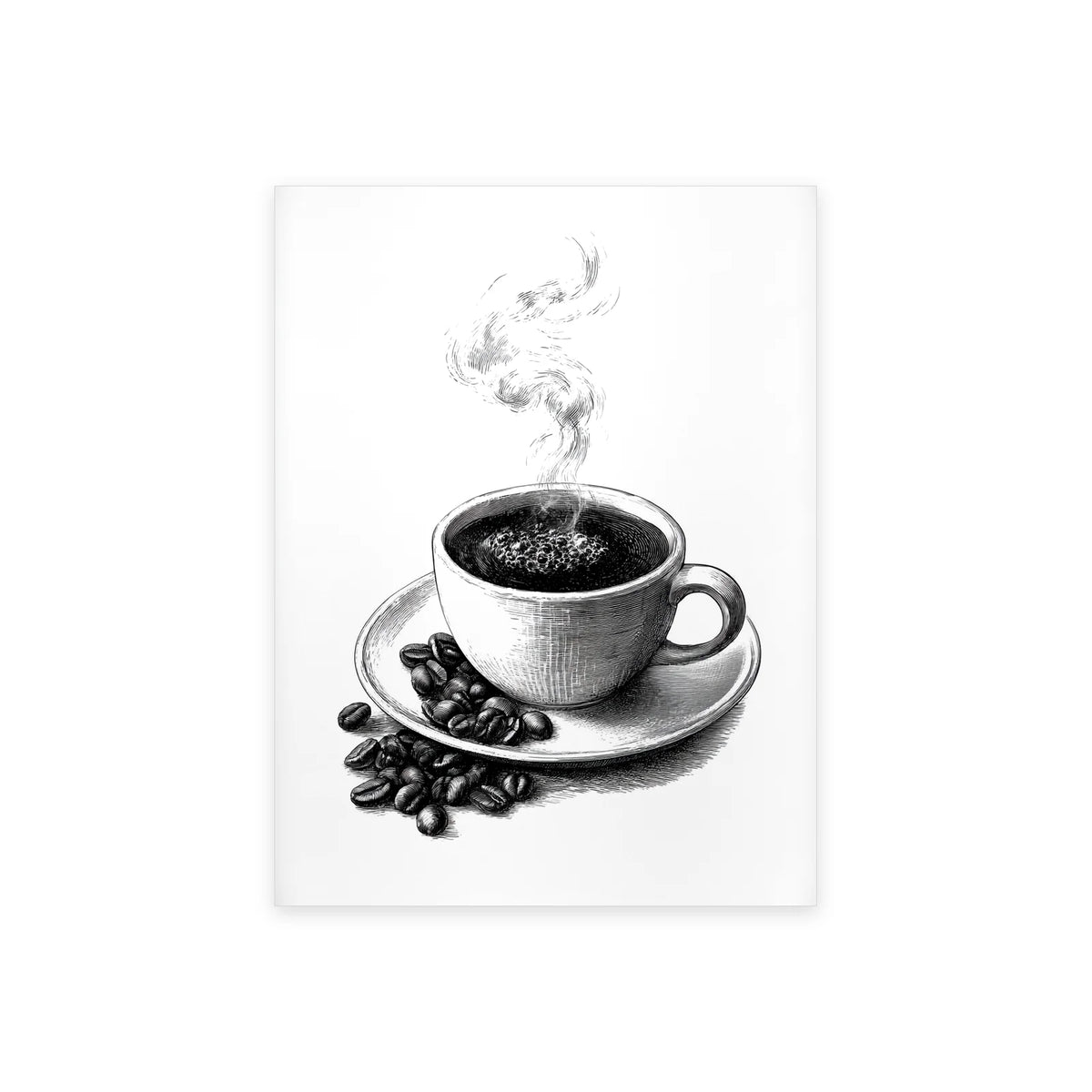 Poster espresso fumant noir et blanc présenté seul sur fond blanc, aperçu de l’œuvre imprimée