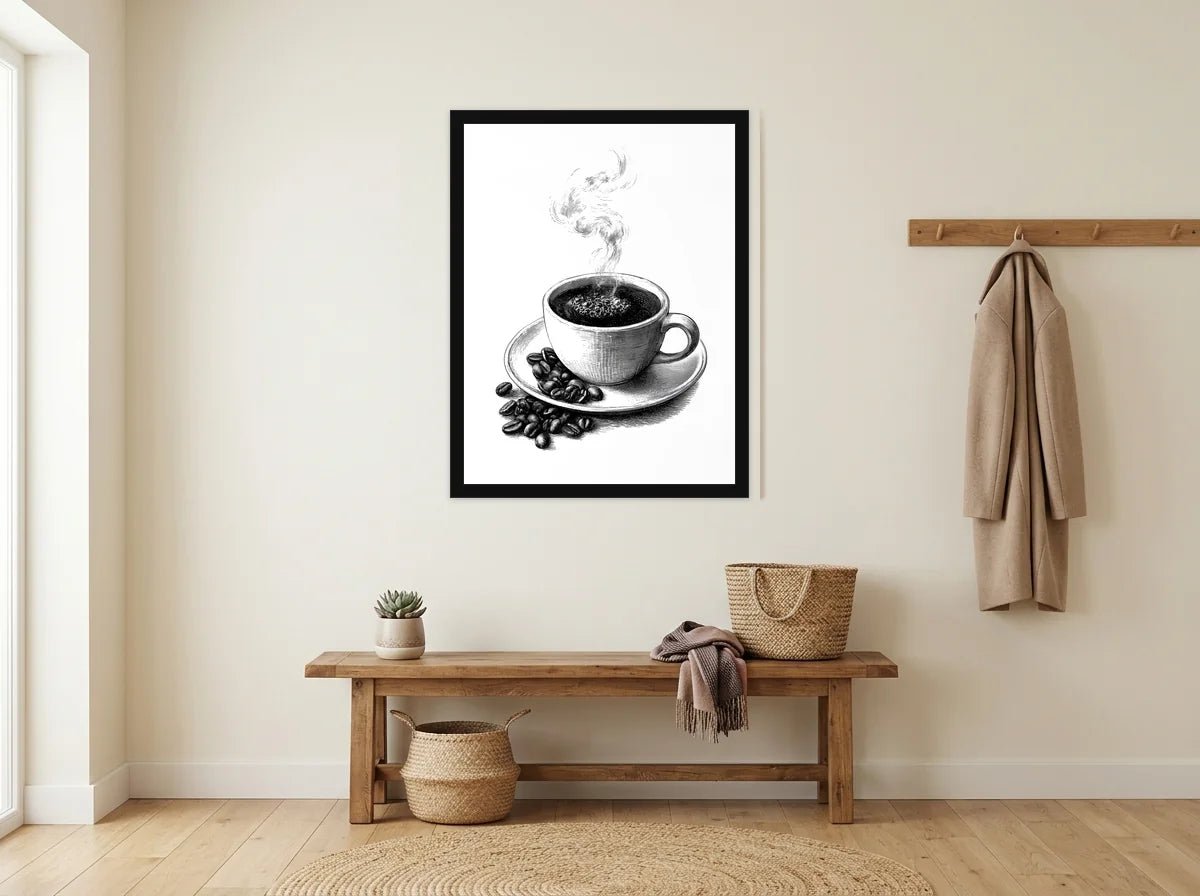 Poster espresso fumant noir et blanc encadré noir, présenté dans : entrée crème avec banc en bois