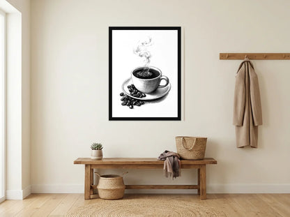 Poster espresso fumant noir et blanc encadré noir, présenté dans : entrée crème avec banc en bois