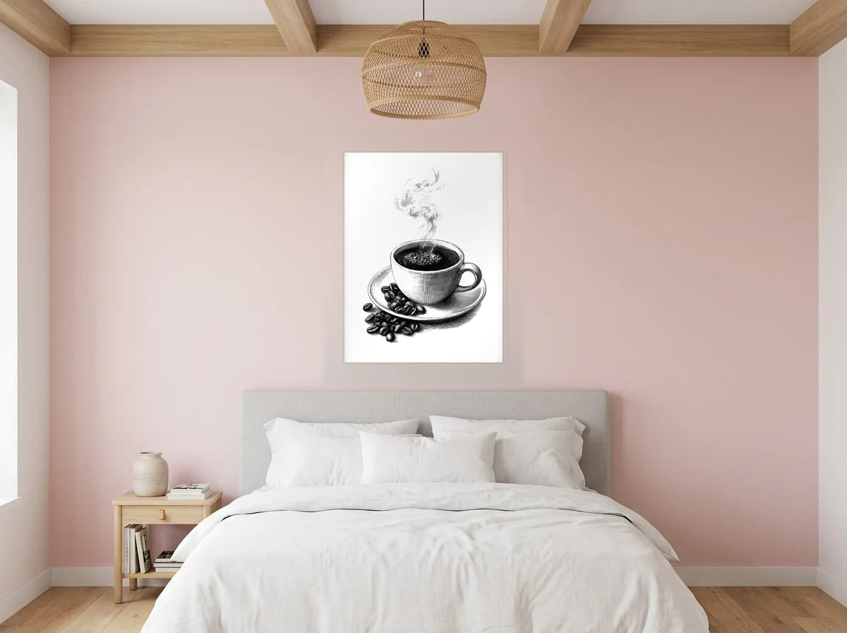 Poster espresso fumant noir et blanc sans cadre, présenté dans : chambre aux murs rose poudré