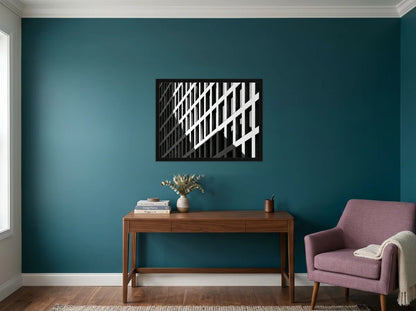 Poster façade d’immeuble moderne noir et blanc encadré noir, présenté dans bureau aux murs bleu canard
