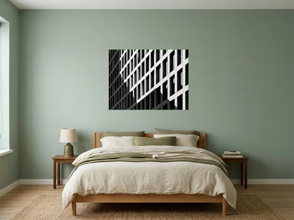 Poster façade d’immeuble moderne noir et blanc sans cadre, présenté dans chambre aux murs vert sauge