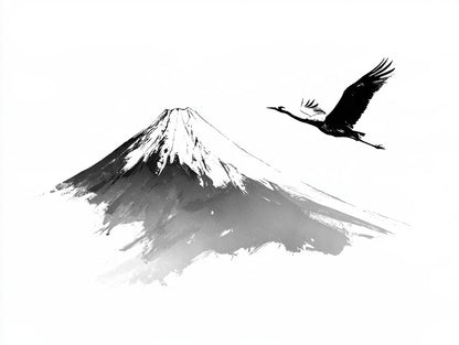 Œuvre du poster Fuji et Grue noir et blanc, vue complète et fidèle du visuel