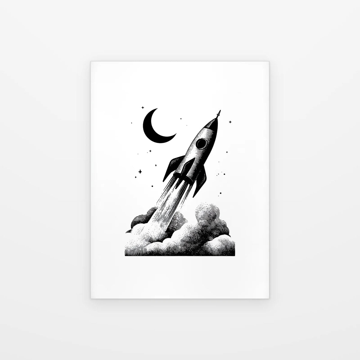 Visuel du poster fusée et croissant lunaire noir et blanc présenté seul sur fond blanc, aperçu de l’œuvre imprimée