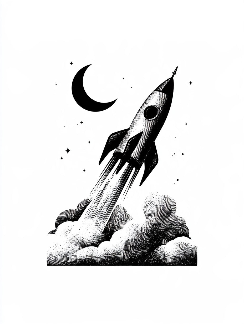 Illustration du poster fusée et croissant lunaire noir et blanc, vue complète et fidèle de l’œuvre