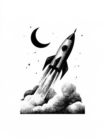 Illustration du poster fusée et croissant lunaire noir et blanc, vue complète et fidèle de l’œuvre