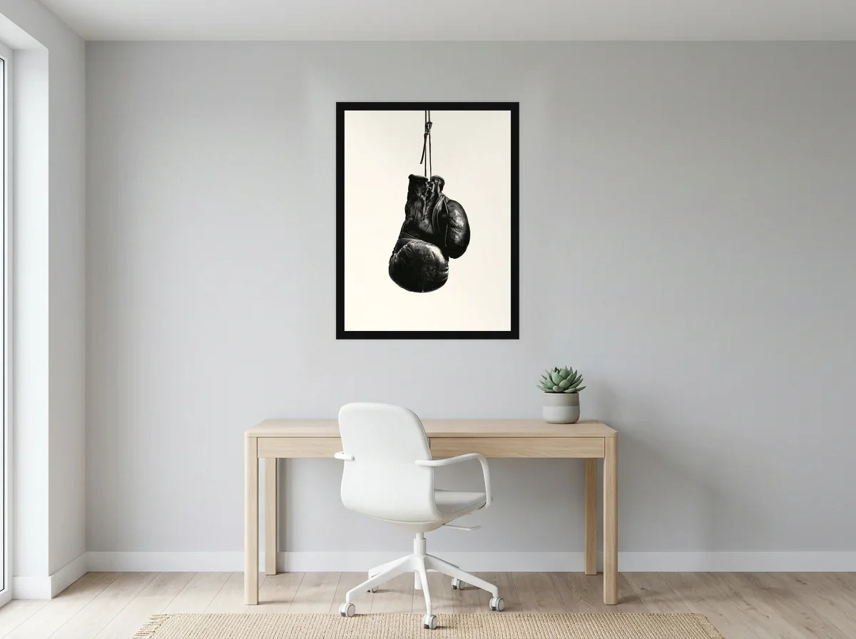 Poster Gants de Boxe Patinés noir et blanc encadré noir, présenté dans un bureau gris clair lumineux