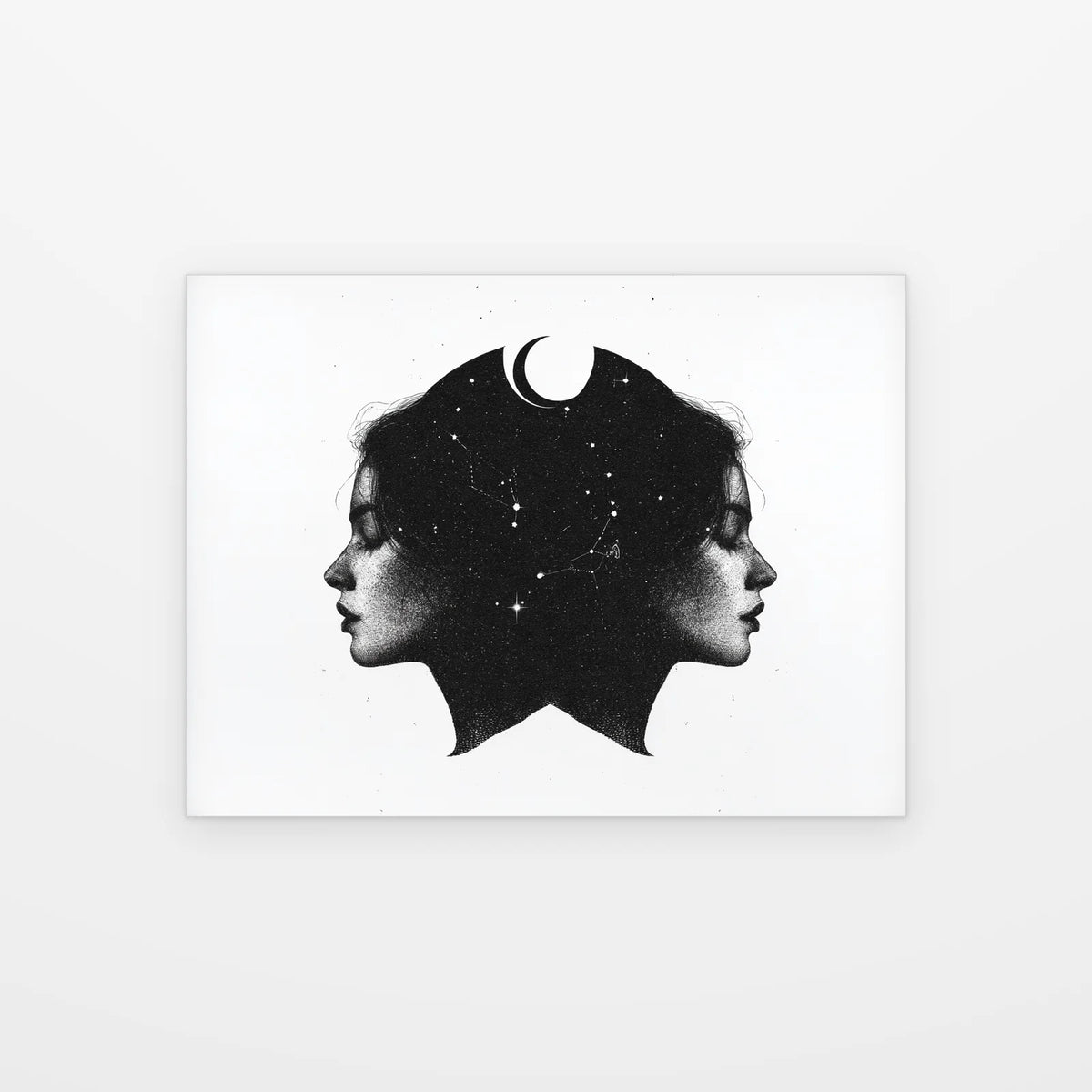 Poster Gémeaux aux Étoiles noir et blanc présenté seul sur fond blanc, aperçu de l’œuvre imprimée