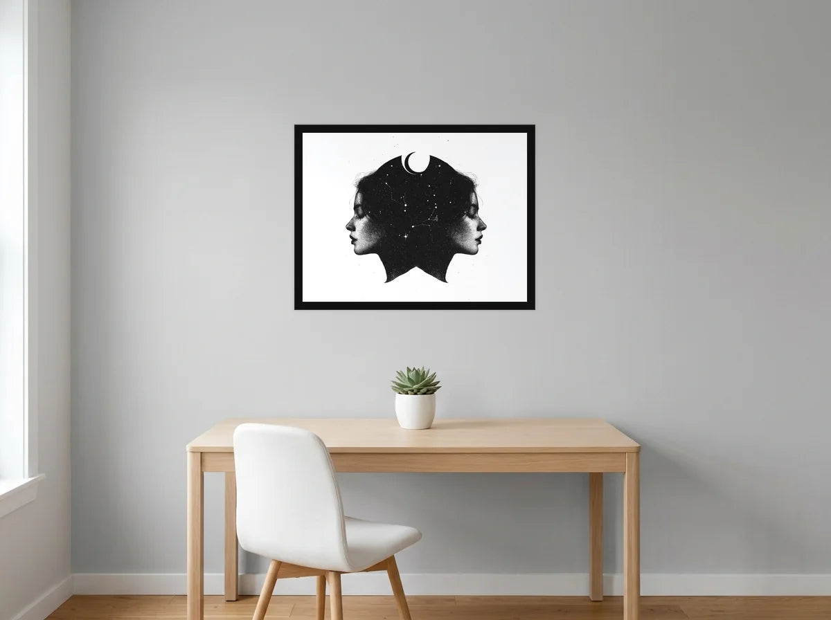 Poster Gémeaux aux Étoiles noir et blanc encadré noir, présenté dans : bureau gris clair lumineux