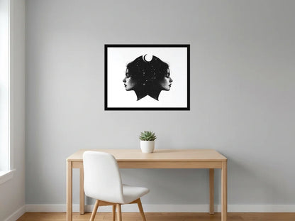 Poster Gémeaux aux Étoiles noir et blanc encadré noir, présenté dans : bureau gris clair lumineux