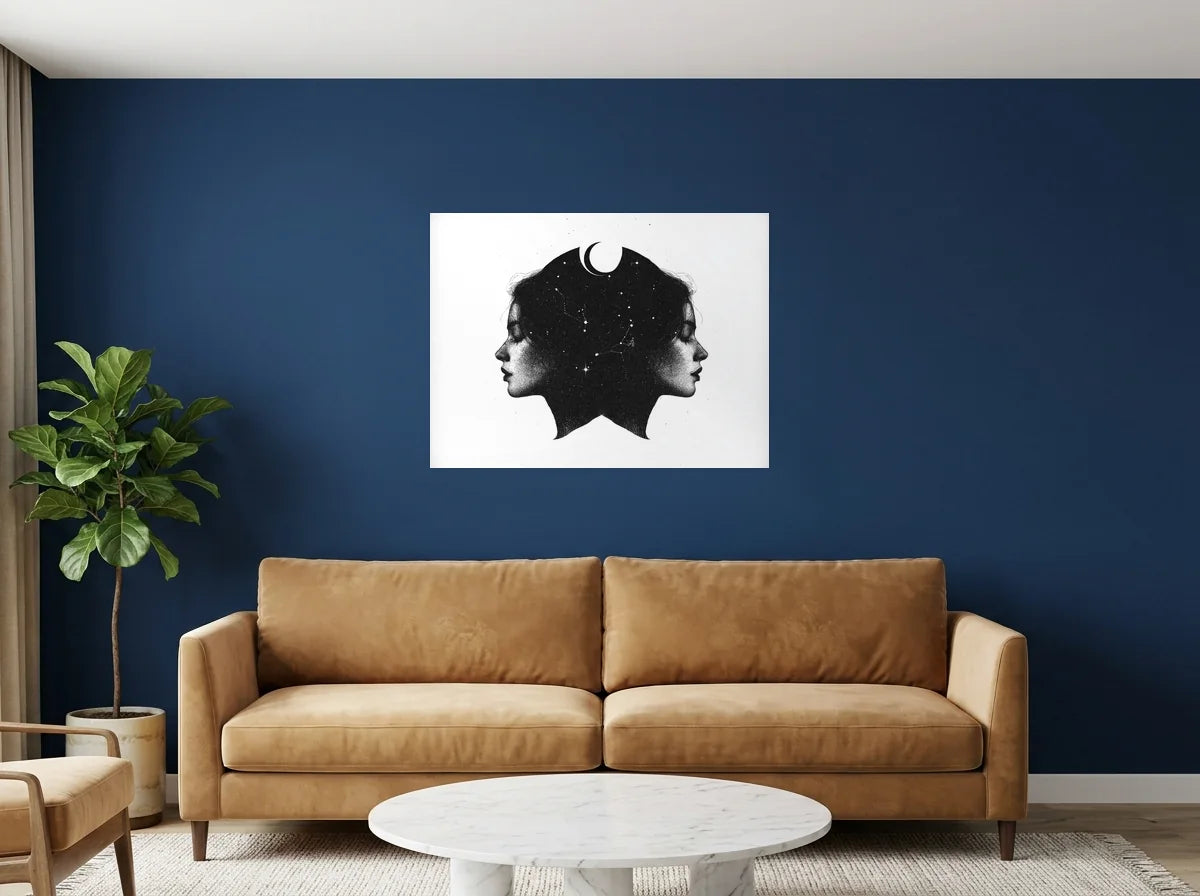 Poster Gémeaux aux Étoiles noir et blanc sans cadre, présenté dans : salon aux murs bleu nuit