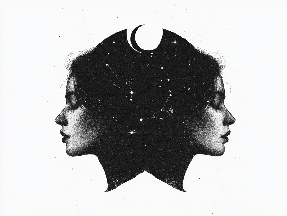 Œuvre du poster Gémeaux aux Étoiles noir et blanc, vue complète et fidèle du dessin