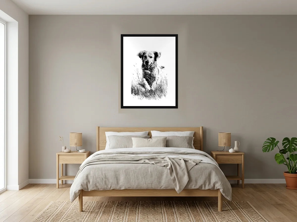Poster golden dans les herbes noir et blanc encadré noir, présenté dans : chambre aux tons lin et grège
