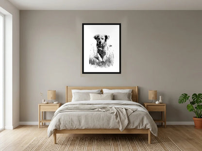 Poster golden dans les herbes noir et blanc encadré noir, présenté dans : chambre aux tons lin et grège